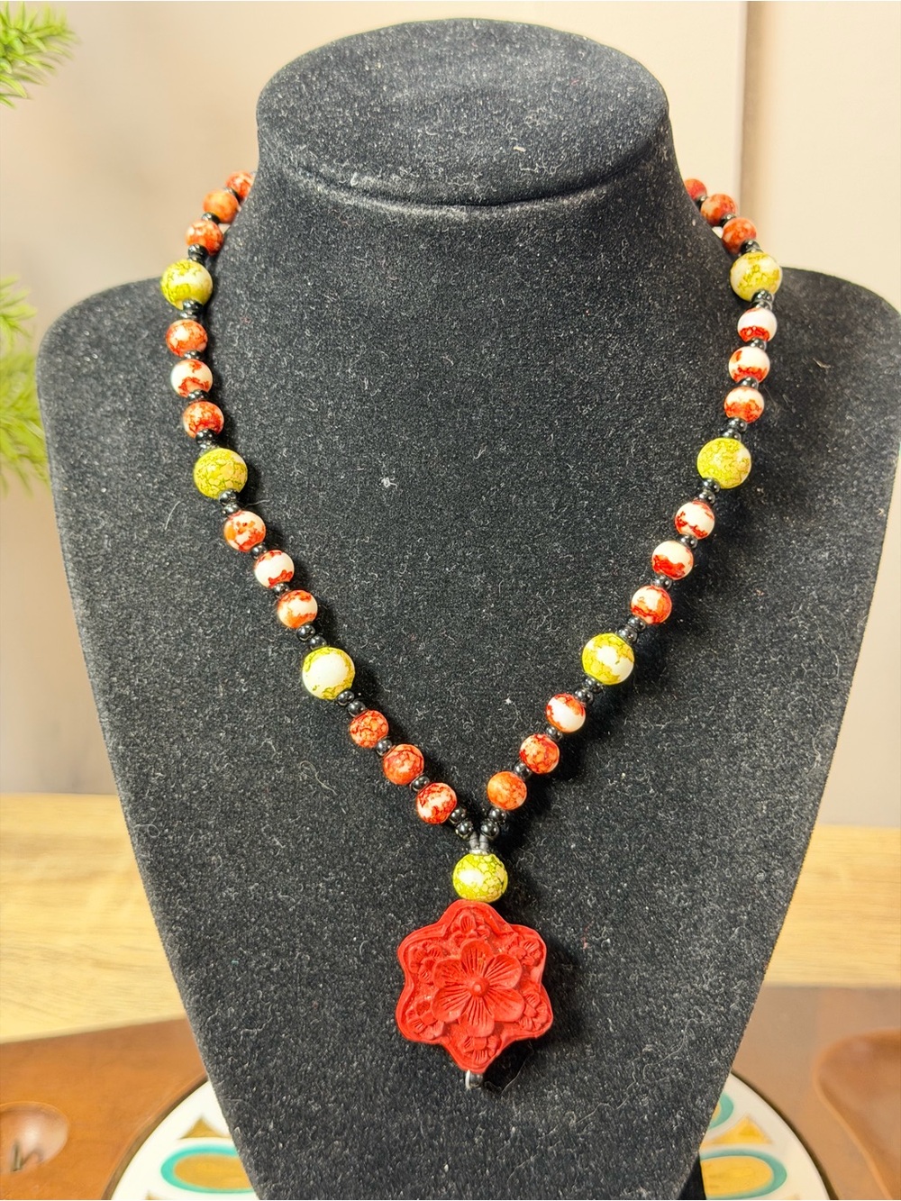 Handcrafted Red Floral Pendant Plastic Beaded Necklace - Women's Jewelry